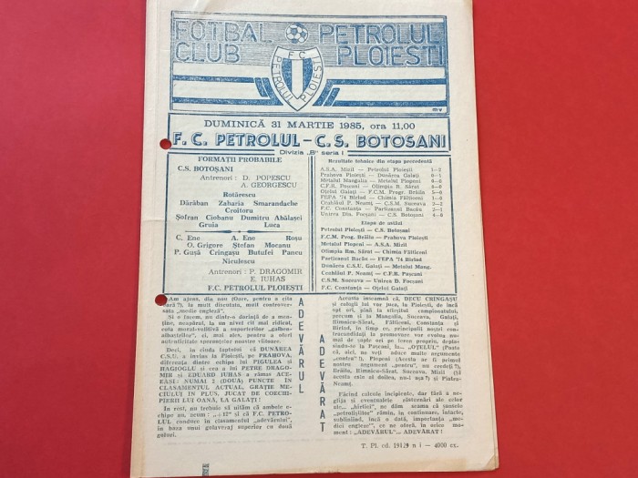 Program meci fotbal PETROLUL PLOIESTI - CS BOTOSANI 31.03.1985