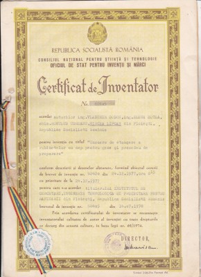bnk div Certificat de inventator 1978 foto