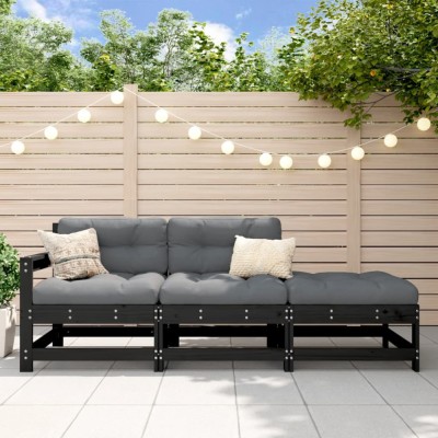 Gossi set mobilier de gradina cu perne, 3 piese, negru, lemn masiv foto