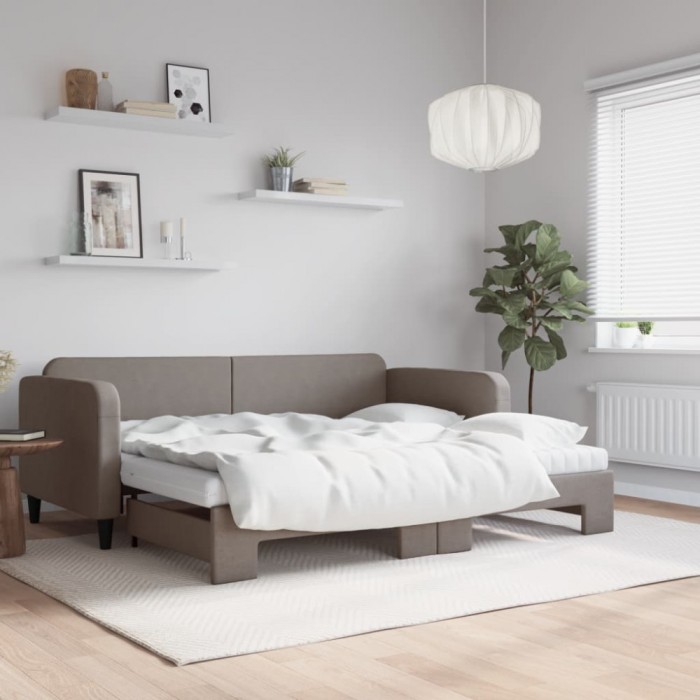 vidaXL Pat de zi cu extensie și saltele, gri taupe, 90x200 cm, textil 3196837