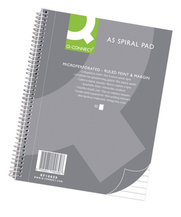 Caiet cu spirala, A5, 80 file - 70g/mp, 4 perf., coperti carton, Q-Connect -