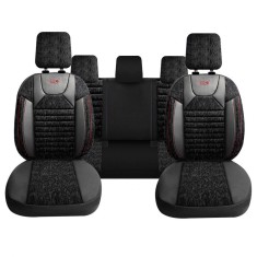Set Huse Scaune Auto pentru Dacia Logan - Panda PSC02, material textil cu piele ecologica, cu fermoare pentru bancheta rabatabila, negru cu dungi rosi