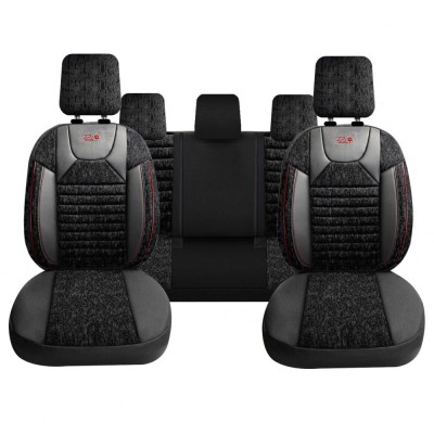Set Huse Scaune Auto pentru Ssangyong Rexton - Panda PSC02, material textil cu piele ecologica, cu fermoare pentru bancheta rabatabila, negru cu dungi foto