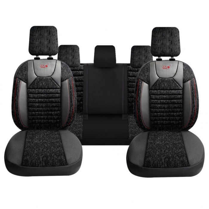 Set Huse Scaune Auto pentru Ssangyong Rexton - Panda PSC02, material textil cu piele ecologica, cu fermoare pentru bancheta rabatabila, negru cu dungi
