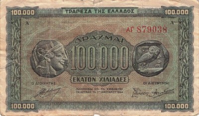 Bancnota Grecia 100.000 Drahme 1944 - P125 VF ( vezi descriere ) foto
