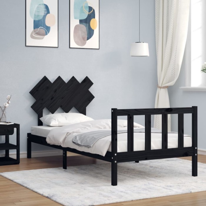 Cadru de pat cu tăblie single, negru, lemn masiv