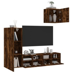 vidaXL Unități TV de perete cu LED-uri, 4 piese, stejar fumuriu, lemn