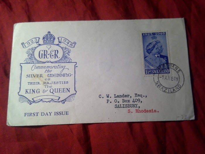 FDC Swaziland colonie britanica 1948 - Nunta de Argint , cu val. 1 1/2p