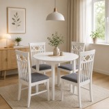 Cumpara ieftin Set masa bucatarie Sophia, MDF, rotunda, 90x74 cm si 4 scaune Rebecca, tapiterie stofa,100 kg, 94x49x43.5 cm, alb gri