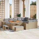 Set de canapea de grădină vidaXL 12 piese cu perne Bej Ratan poli Acacia, Set de masă pentru grădină vidaXL 3 piese cu perne Bej Ratan poli Acacia