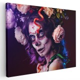 Tablou femeie cu machiaj craniu halloween si flori pe cap Tablou canvas pe panza CU RAMA 40x60 cm