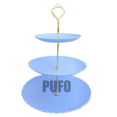Fructiera etajata Pufo Candy cu 3 nivele, pentru prajituri, torturi, fructe, aperitive, maner metalic, albastru foto
