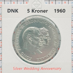 Danemarca 5 kroner 1960 argint UNC - Silver Wedding - km 852 - D01201