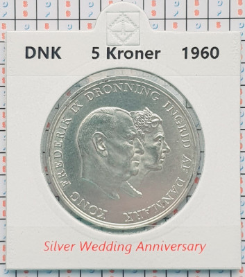 Danemarca 5 kroner 1960 argint UNC - Silver Wedding - km 852 - D01201 foto