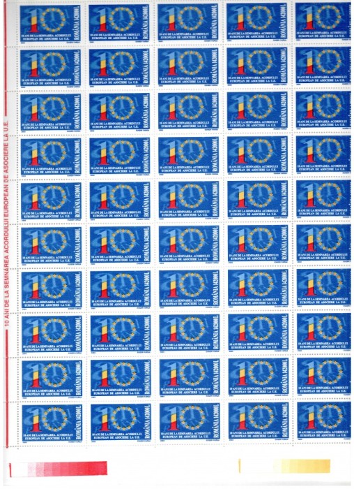 Romania 2003, LP 1603 x, Acordul UE, coala 50 timbre, MNH! LP 1250,00 lei. RARA!