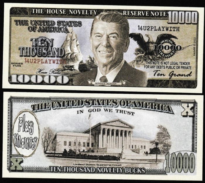 !!! SUA = FANTASY NOTE , PLAY MONEY = 10.000 DOLARI , REAGAN - 2022 - UNC