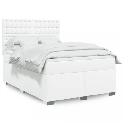 vidaXL Pat box spring cu saltea, alb, 140x190 cm, piele ecologică 3293021 foto