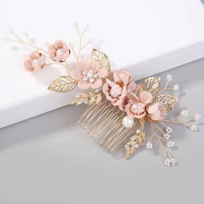 Accesoriu Par Mireasa Roz cu Petale Aurii