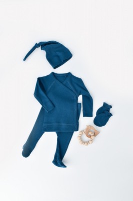 Set 4 piese: bluza, pantaloni, caciulita si manusi din bumbac organic si modal - Bleumarin, BabyCosy (Marime: 6-9 luni) foto
