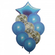Buchet 9 baloane albastre din latex cu confetti Magic Star