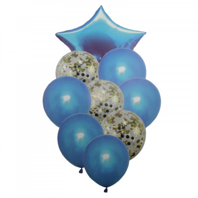Buchet 9 baloane albastre din latex cu confetti Magic Star foto