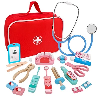 Trusa doctor stomatolog copii, set din lemn cu multiple accesorii, geanta cu fermoar foto