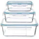 Set 3 caserole din sticla borosilicata patrate 5Five Clipeat cu capac albastru