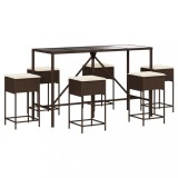 Cumpara ieftin Set de bar pentru gradina cu perne, 7 piese, maro, poliratan