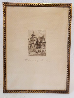 Tablou gravură arhitecturală cu clădiri medievale germane, semnată și datată 1923 foto