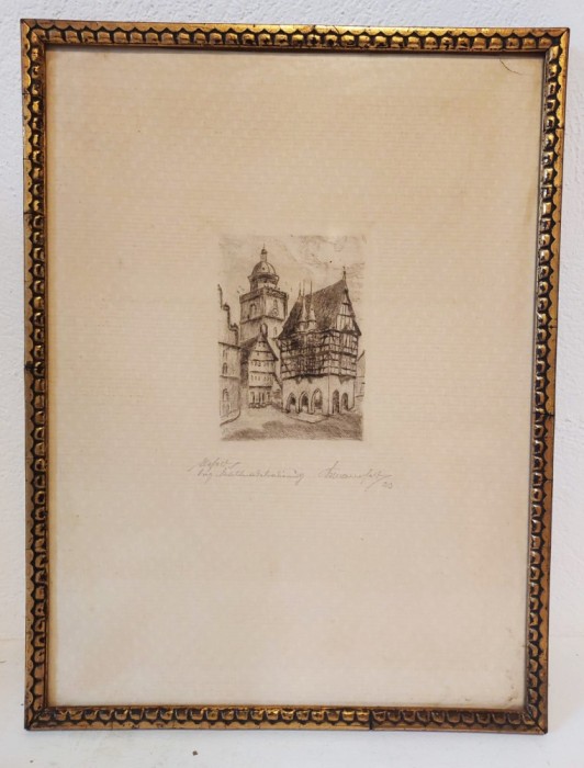 Tablou gravură arhitecturală cu clădiri medievale germane, semnată și datată 1923