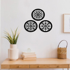 Decoratiune de perete, Rustic Circles, Metal, 30 x 30 cm, 3 piese, Negru