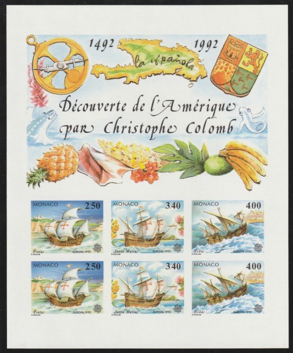 Monaco 1992 - Europa , Transporturi , Nave , Columb , colita nedantelata , MNM , Yt..Bl.57