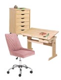 Set birou ergonomic HM Julia inaltime reglabila, unghi inclinare ajustabil, cu scaun HM Rico roz, catifea, 100 kg si dulapior rulant HM Nils, cu roti,