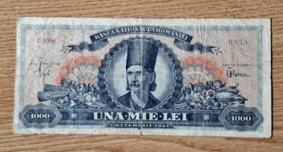 ROMANIA 1000 LEI - DECEMBRIE 1947 , varianta foarte rara cu stema regala pe revers !! foto