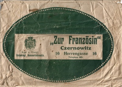A3756N Pungă pentru cumpărături cu reclama firmei de pălării de damă Zur Franz&amp;ouml;sin din Cernăuți, ante 1918 foto