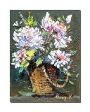 Tablou crizanteme stilizate pictat manual, 40x30cm acril pe panza in relief efect 3D, Kenny Varniote