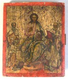 "Iisus Pantocrator cu sfinții Vasile și Nicolae" icoana fanariota de factura greceasca sfarsit de secol 18