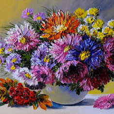 Tablou canvas Flori, crizanteme, mov, pictura, buchet, 90 x 60 cm