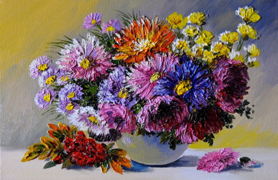 Tablou canvas Flori, crizanteme, mov, pictura, buchet, 60 x 40 cm foto