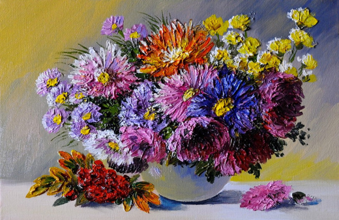 Tablou canvas Flori, crizanteme, mov, pictura, buchet, 75 x 50 cm
