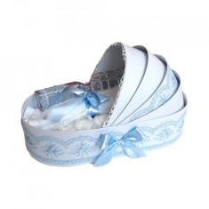 Trusou botez complet, in landou, decor elegant cu dantela bleu Denikos&reg; 147