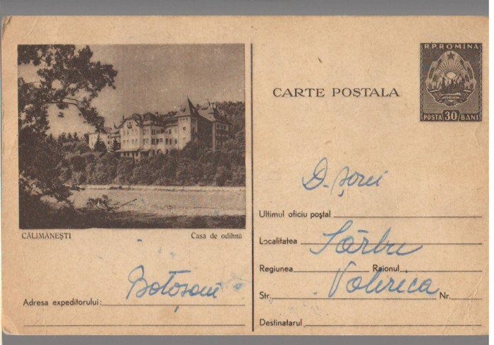 CPIB 16343 CARTE POSTALA - CALIMANESTI. CASA DE ODIHNA, 1954