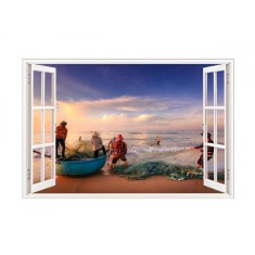 Sticker decorativ, Fereastra 3D, Pescari, Vietnam, 85 cm, 587STK