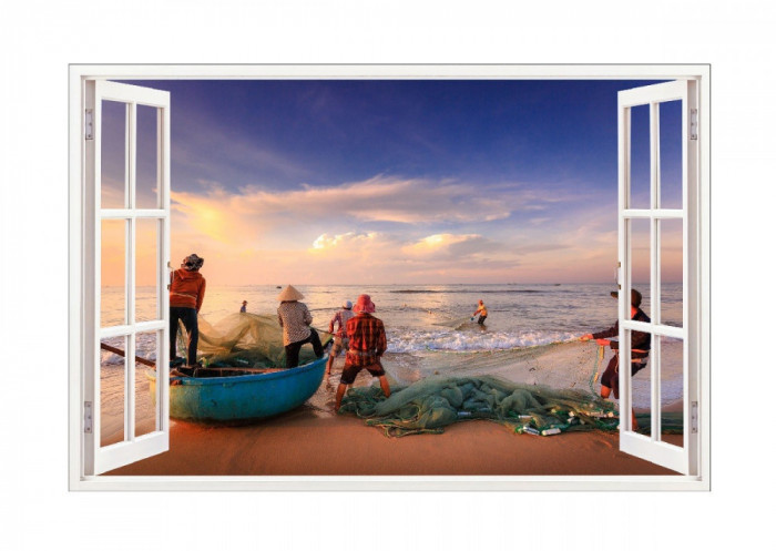 Sticker decorativ, Fereastra 3D, Pescari, Vietnam, 85 cm, 587STK