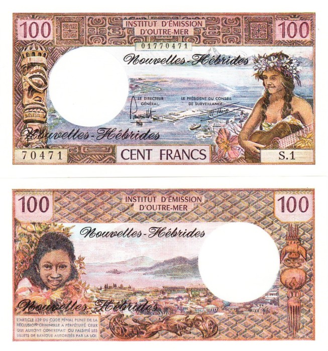 Noile Hebride New Hebrides 100 Francs Franci 1977 P-18 UNC
