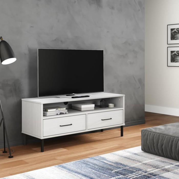 Gossi comoda tv cu picioare metalice &bdquo;oslo&rdquo;, alb, lemn masiv pin