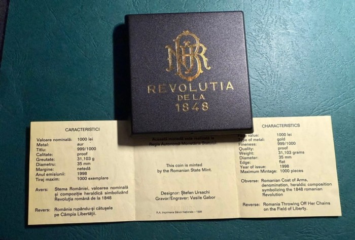 Moneda BNR 1000 lei 1998 Revolutia de la 1848 aur