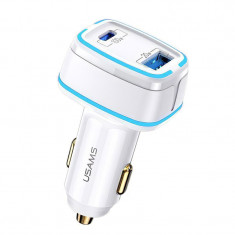 Incarcator Auto USB Usams C24, Quick Charge, 120W, 1 X USB - 1 X USB Tip-C, Alb CC142TC02