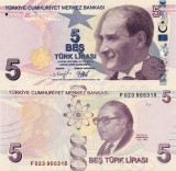 Bancnota Turcia 5 Lire, 2009, Serie F, UNC, Necirculata