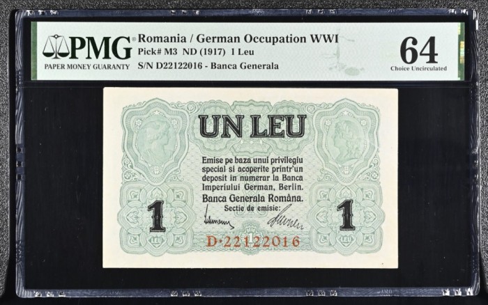 1 leu 1917 BGR PMG64 UNC bancnota gradata